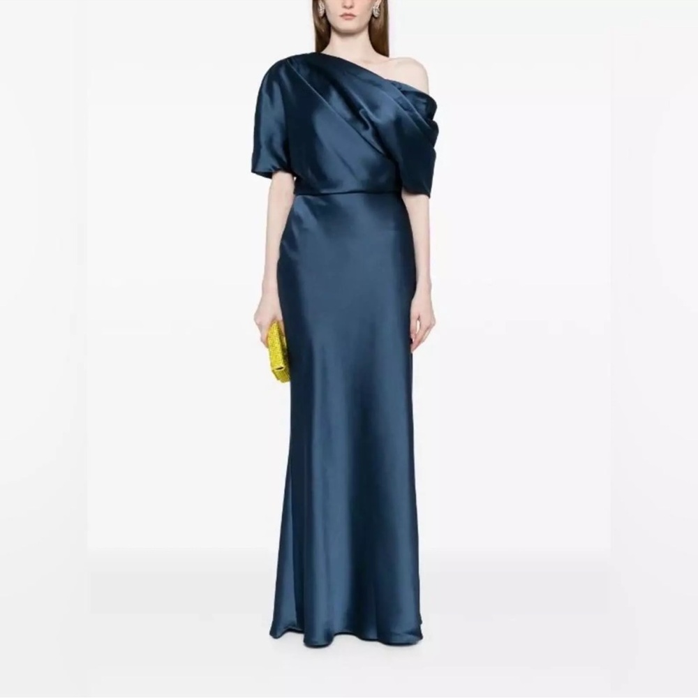 EUC Amsale Draped Satin One Shoulder Dress